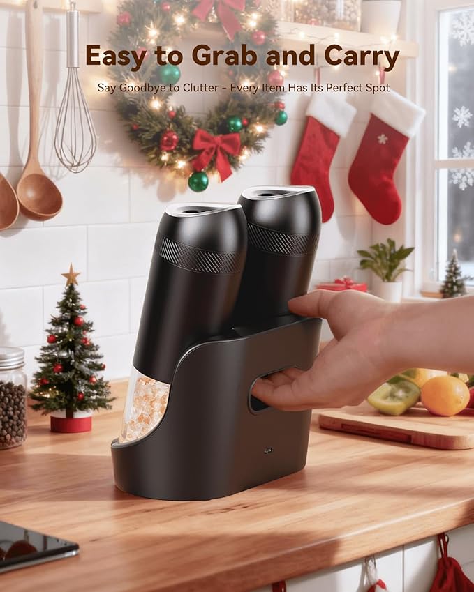 WONMAKE Gravity Electric Salt and Pepper Grinder Set with Charging Base, Automatic Salt and Pepper Mill, 6-Level Adjustable Coarseness, Dual Speed, and Large 5.95oz Capacity