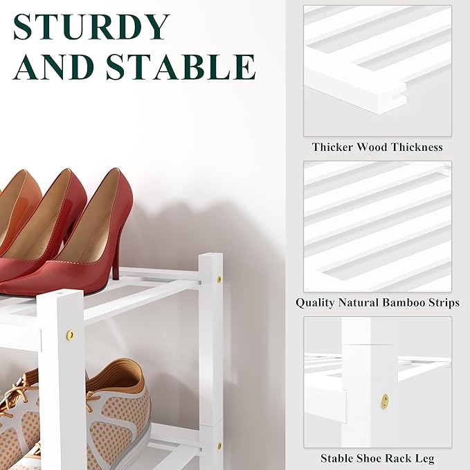 Smiry Shoe Rack, 6 Tier Small Bamboo Shoe Organizer, Stackable Free Standing Wooden Shoe Storage Shelf for Closet, Entryway, Front Door Entrance, White
