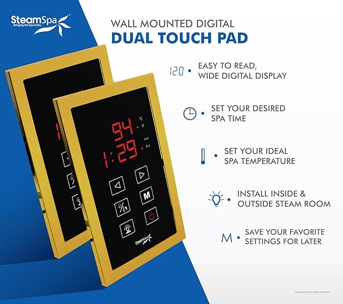 SteamSpa Executive 6 KW QuickStart ACU-Steam Bath Generator Package with Built-in Auto Drain and Install Kit in Polished Gold | Steam Generator Kit with Dual Control Panel Steamhead 240V | EXT600GD-A
