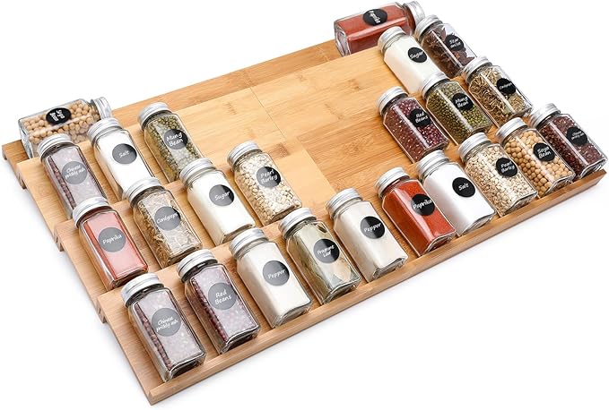 Bamboo Spice Drawer Organizer, 4 Tier In Drawer Spices Rack for Cabinet Drawer Expandable From 13" to 26", Stackable Seasoning Storage Organizer Insert