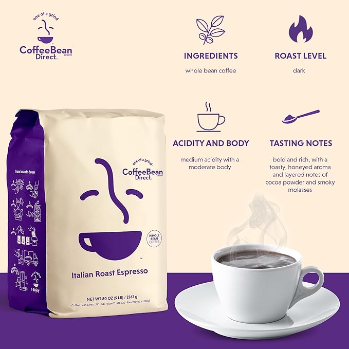 Coffee Bean Direct Italian Roast Espresso, Whole Bean Coffee, Dark Roast, 5 Pound Bag (Pack of 1)