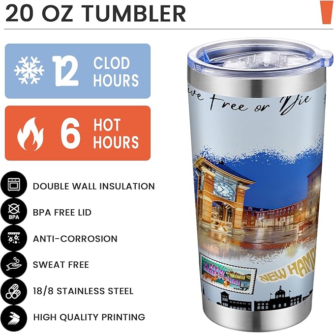 20oz Insulated Tumbler New Hampshire State Coffee Mug, United States Map Travel Mug Landmark, Birthday Gifts Cute Custom Tumbler Cups with Lid and Straw Gifts for Mom