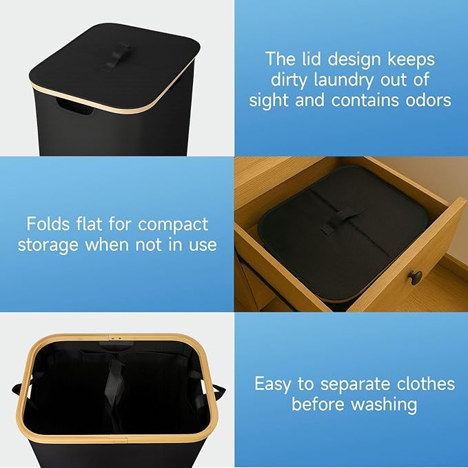145L Double Laundry Basket with Lid, 2 Section Dirty Clothes Hamper with 2 Removable Bags for Bedroom, Bathroom, Dorm, Black