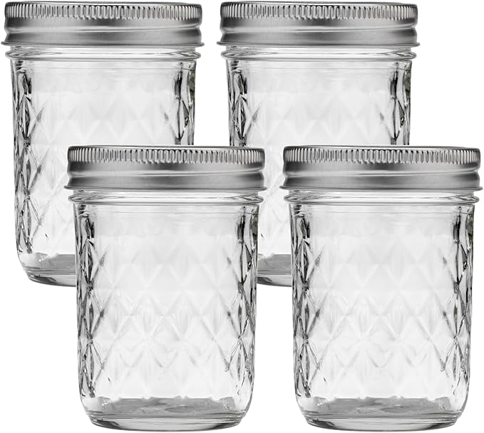 Ball Regular Mouth Quilted Crystal Glass Mason Jars with Lids and Bands, Used for Canning, Pickling, Juice, Jam, Jelly, Half Pint Size (Pack of 4)