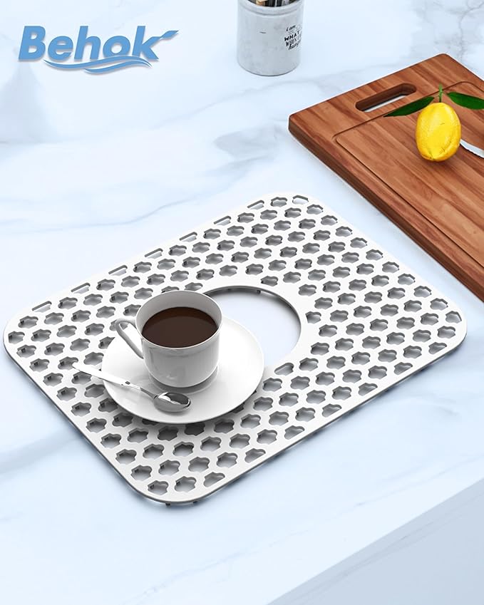 2 Pack Silicone Sink Protector for Kitchen Sink Bathroom, 13.58"x 11.6" Heat-resistant Sinks Mat, Non-Slip and Durable Sinks Protectors Silicone, Center Drain (White)