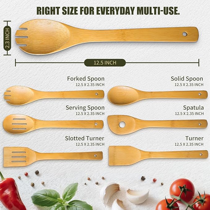 IOOLEEM Bamboo Wooden Spoons for Cooking 6 Pcs 12 Inch, Non-Stick Wooden Kitchen Utensils Set, Natural and Durable Wooden Spatula Spoons for Non-Stick Pan for Cooking