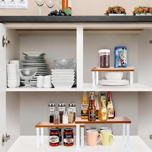 Cabinet Organizer Shelf, Set of 2 Expandable Kitchen Countertop Shelves with Spice Rack - Stackable Storage in Metal and Wood15.7 inches (Bamboo Color)