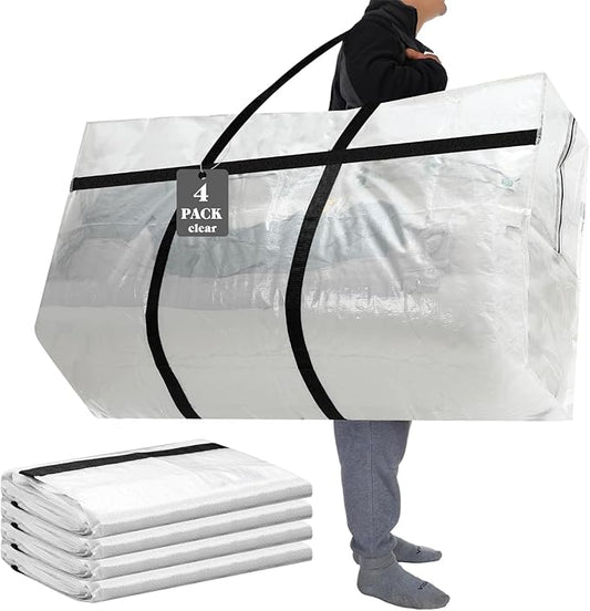 4 Pcs 96 Gallon Large Moving Bags with Zipper and Handles Foldable Storage Duffle Bags Heavy Duty Extra Large Totes for College Dorm Travel Clothes Blankets Bedding Moving (Clear)