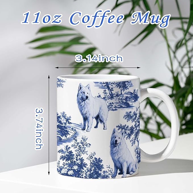 Samoyed Blue French Toile Mug, Samoyeds Lover Gifts for Women, Blue Chinoiserie Toile Coffee Cup for Samoyed Mom, Dog Lovers Tea Coffee Mug Birthday Gifts for Dog Owners, 11oz