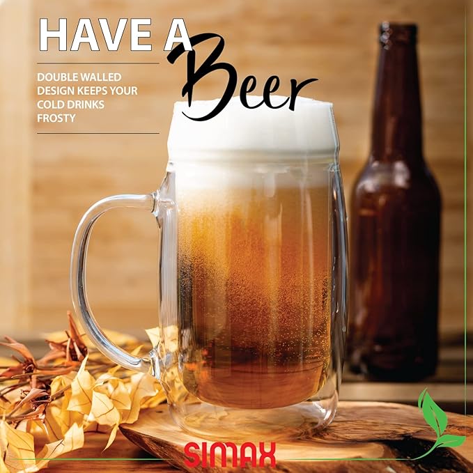 SIMAX Beer Mugs For Men, Set of 4 Double Walled Glass Beer Mug, Large Size 17 Ounce Freezable Beer Glasses, Pint Beer Mugs & Steins with Handles, Insulated Beer Glasses, Beer Mugs for Freezer