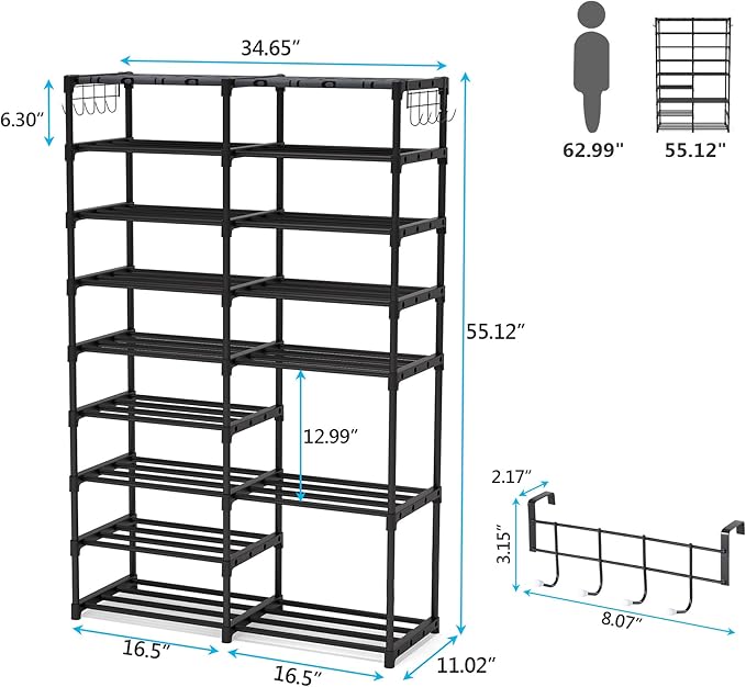 Tribesigns Shoe Rack Organizer, 32-40 Pairs Storage Shelf, 9 Tiers Stand, for Closet, Boot Organizer with 2 Hooks, Stackable Tower