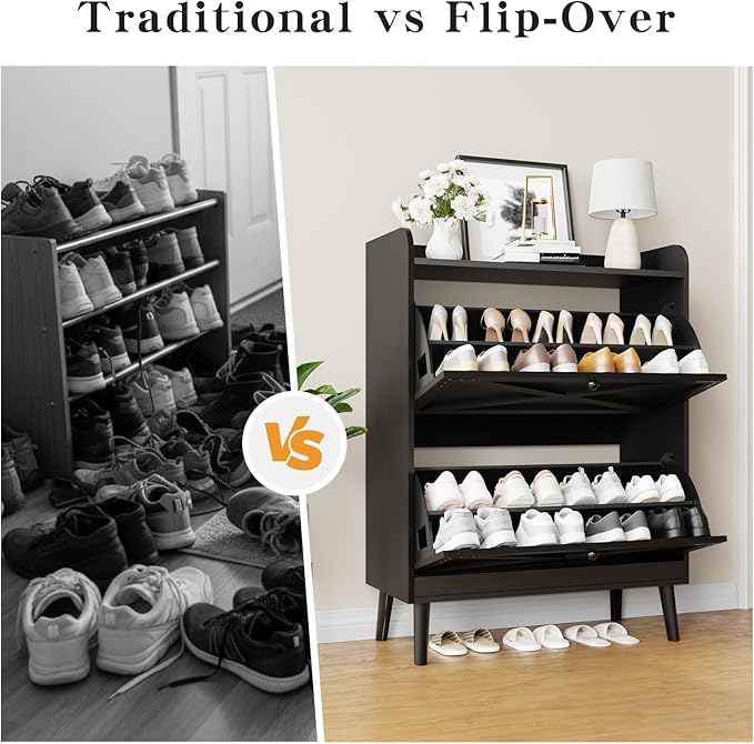 Shoe Storage Cabinet with 2 Flip Drawers & Adjustable Shelves,Narrow Shoe Cabinet Storage with Doors Side Hooks Wooden Shoe Rack Cabinet for Entryway,Hallway,Rustic Black