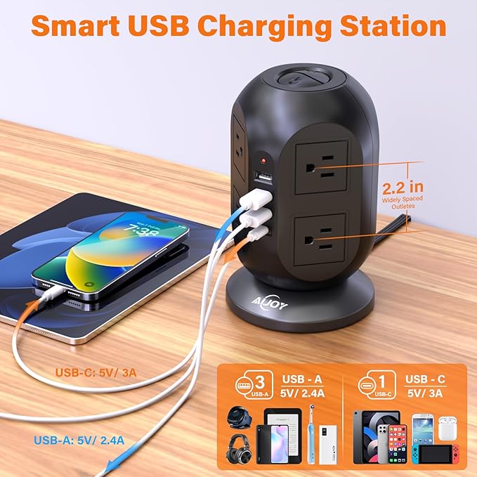 AiJoy Surge Protector Power Strip Tower with 8 Outlets 4 USB Ports(1 USB-C), 10 FT Flat Extension Cord with Multiple Outlets, Charging Tower with Surge Protection for Home Office Dorm Room Essentials