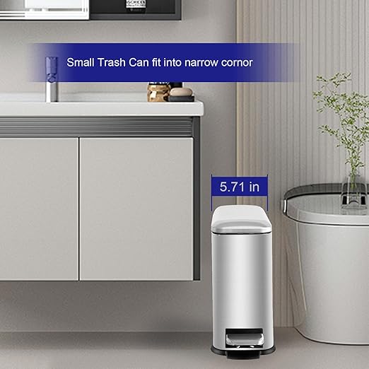 1.3 Gallon Trash Can with lid, Stainless Steel Garbage Can, Finger Proof, Pedal Trash Can for Bathroom, Bedroom, Home Office, Small Waste Bin 5 Liters, Silver