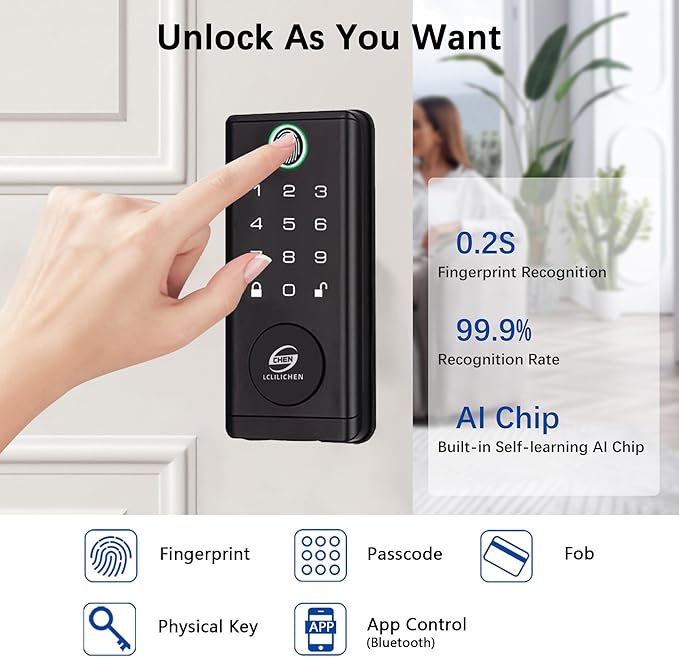 Smart Door Lock, Keyless Entry Deadbolt with Fingerprint, Keypad and App Control, 5-in-1 Electronic Front Door Lock for Home and Office, Weatherproof
