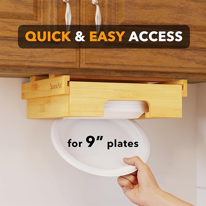 SpaceAid 9-inch Paper Plate Dispenser, Under Cabinet Bamboo Plates Holder, Kitchen Counter Vertical Dipensers Holders Countertop Caddy, Bamboo
