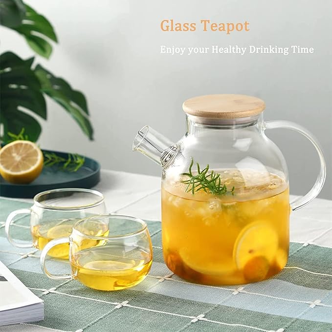 Glass Tea Pot Kettles Stovetop Safe, 50.7oz/1500mL Heatproof Borosilicate Glass Teapot Water Pitcher With Bamboo Lid and Removable Filter Spout for Loose Leaf and Blooming Tea