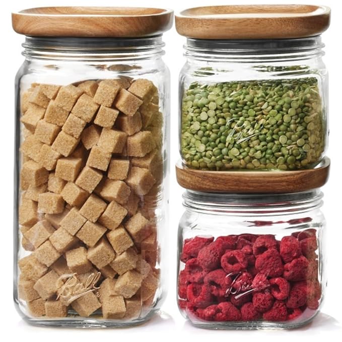 Ball Stack & Store Glass Mason Jars with Wooden Lid, Used for Pantry, Cookies, Flour, Cereal, Rice, Sugar, Tea, Coffee Beans, Spices, Square, 9.9-Cup (Pack of 2)