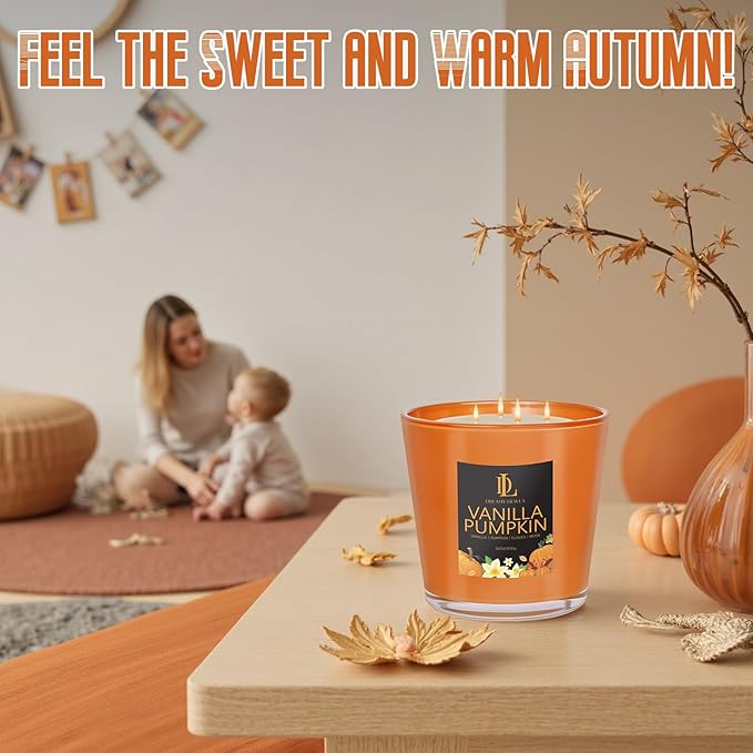 Large Fall Candle Vanilla Pumpkin Scented, 4 Wick Natural Soy Candles for Home Scented, 30oz Big Autumn Candle Long Lasting, Home Aromatherapy Candles Housewarming Gift for Women Men