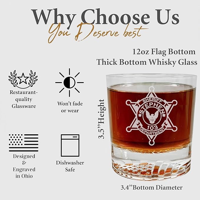 Personalized Whiskey Glass with Sheriff Badge for Law Enforcement, Custom Name and Number, 12oz Engraved American Flag Glassware, Custom Sheriff Gift For Men Dad Father's Day PD Police Officer