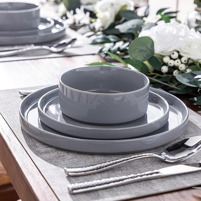 Dinnerware Set for 8, 24 Piece Speckled Plates and Bowls Set with Glazed Bottom, Chip & Scratch Resistant Stoneware Plates Sets, Dishwasher & Microwave Safe Dishes (Limestone, Service for 8)