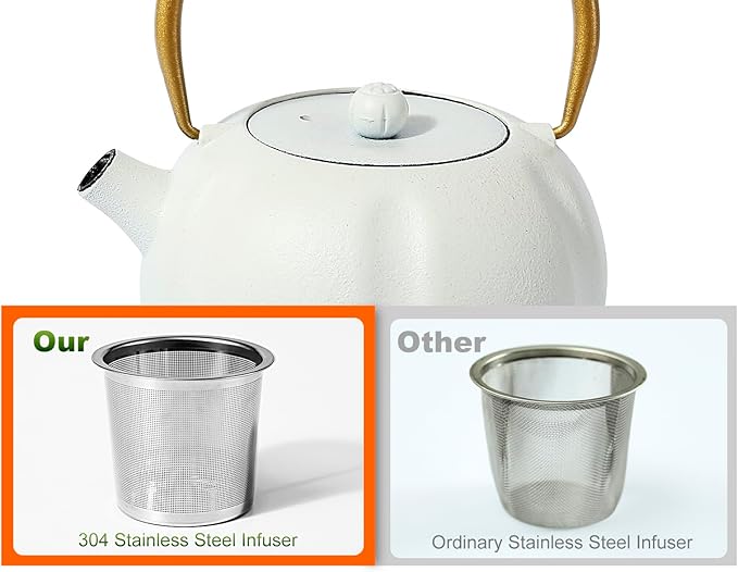 VICSKY Small Pumpkin Cast Iron Teapot (White), Japanese Cast Iron Tea Kettle Stovetop Safe with Stainless Steel Infuser,Small Iron Teapot for Loose Tea, 1-2 People (27oz/800ml)