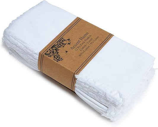 ACCENTHOME White Cotton Linen Napkin Set of 12 18x18 inch Dinner Napkins - Washable Soft Premium Hotel Quality Reusable Hemmed Edges Napkins Perfect Table Linens for Family Dinners, Weddings