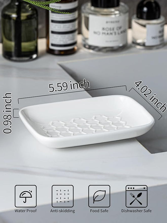 Gomakren Soap Dish for Shower, Bar Soap Holder, Christmas Ceramic Soap Dishes for Bar Soap, Sponge Holder Soap Saver Soap Tray for Bathroom Kitchen Sink, 5.5 Inch, White
