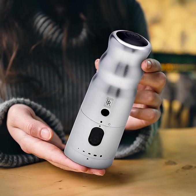 BLACK RAIN Pepper Mill Grinder, Adjustable Coarseness, Rechargeable Pepper Grinder with LED Light, Heavy Duty Professional Grade Electric Peppercorn Grinder (Brushed Silver)