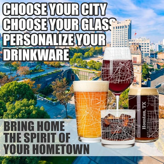 Blue Ridge Mountain Gifts - Houston Souvenir - Texas Glassware Gift, Etched City Map, Laser Engraved and Dishwasher Safe