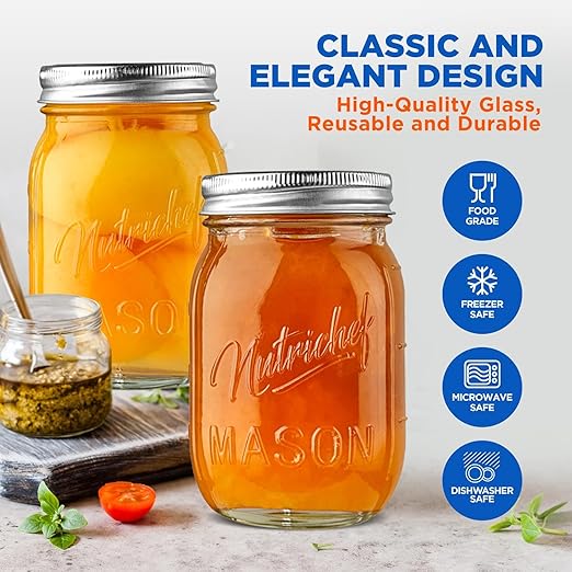 NutriChef 2-Pack 16 oz Mason Jars with Lids - Thick Glass Canning Jars with Stainless Steel Lids - Ideal for DIY Spices, Meal Prep, Overnight Oats, Jelly, Jam, Honey, Candles, Crafts, & More