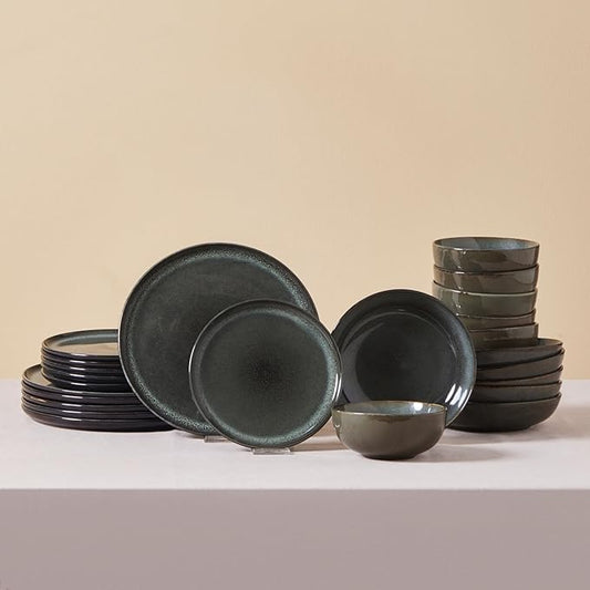 Karaca Fein 24 Piece Reactive Glaze Dinner Set for 6 People, Modern Design with Unique Handcrafted Patterns, Durable Kitchen Plates and Bowls Sets, Stoneware Dinnerware & Dishwasher Safe