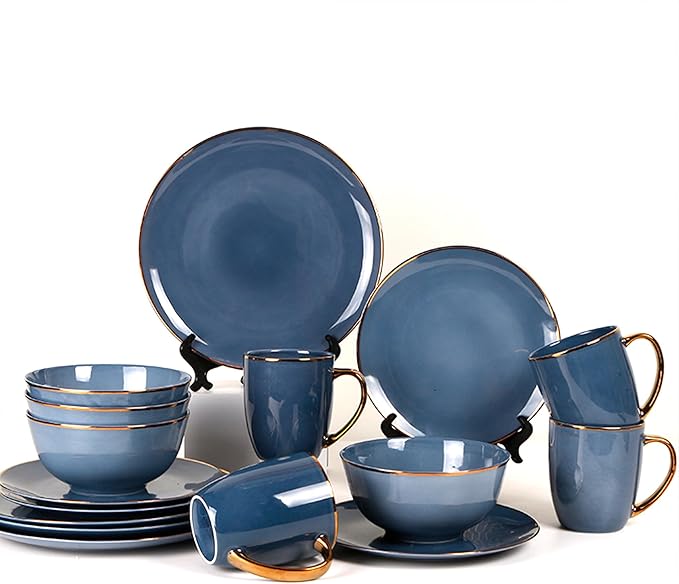 KOKEN - 16 Pc Bone China Dinnerware Sets – Grey china dinnerware set - Plates and Bowls Sets Dishes Set for 4 – Kitchen Plates, mugs, Bowls - Microwave safe china sets for home - Dining set, Blue