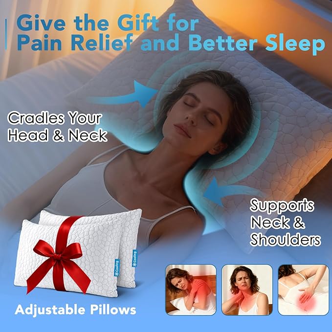 QUTOOL Cooling Pillow for Sleeping King Size 2 Pack, CertiPUR-US Shredded Memory Foam Bed Pillows Set of 2, Soft Cool Pillow for Hot Sleepers Adjustable Firm Pillow for Side, Back, Stomach Sleepers