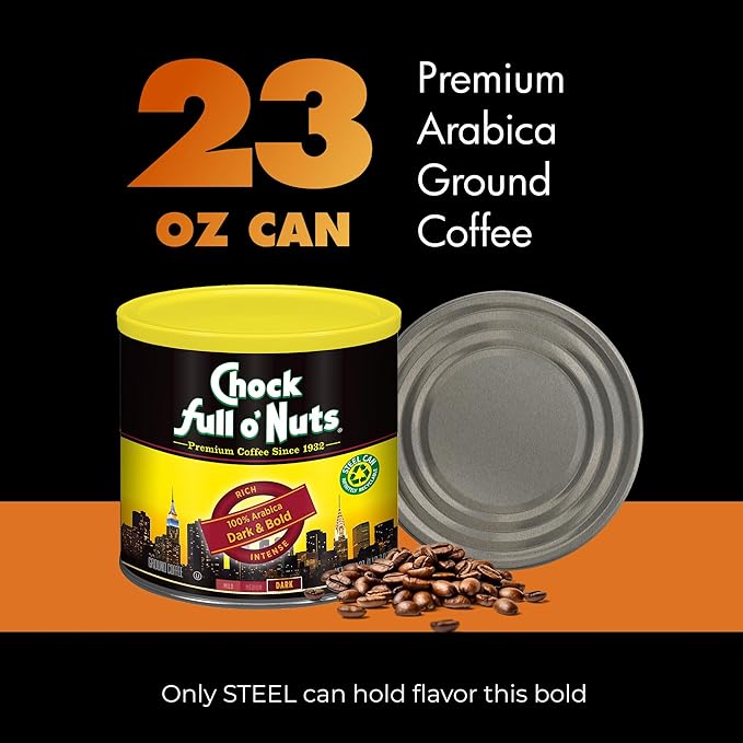 Chock Full o' Nuts Dark & Bold Ground Coffee – Premium Beans in Recyclable Steel Can – Rich Flavor & Aroma, Dark Roast – Perfect for Drip, Pour-Over, Percolator – 23 Oz Can (Pack of 2)
