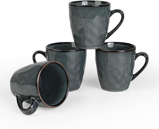 famiware Coffee Mugs Set of 4, Ocean Round 11.5oz Coffee Cup Set with Handle for Cocoa, Milk, Hot Chocolate, Tea or Water, Stoneware Cups for Kitchen, Microwave Dishwasher Safe, Deep Forest