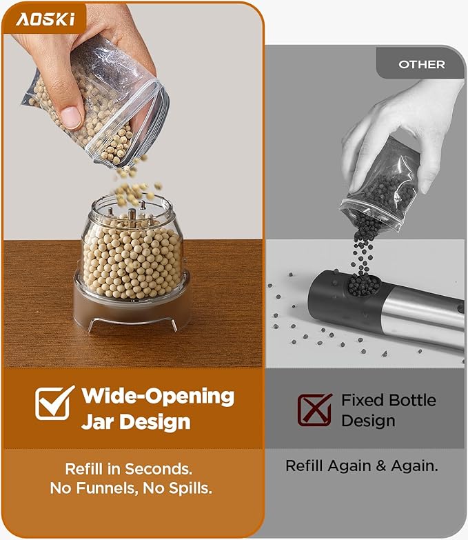 Electric Salt and Pepper Grinder Set: 2 Grinder + 4 Replaceable Jars - Stainless Steel & Separate Hoppers - For Gourmet Sessions - Prevents Spice Mixing for Foodies (2 Grinder + 4 Jars)