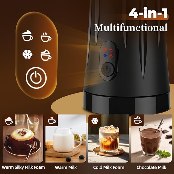 Milk Frother and Steamer, 4-in-1 Electric Frother Machine for Coffee with Hot & Cold Foam, Auto Shut-Off, Quiet Design for Latte, Cappuccino, Macchiato(black)