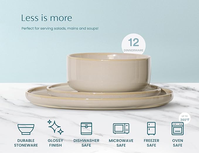 Dinnerware Set, 12 Piece Service for 4, by Kook, Ceramic 10.5” Dinner Plates, 8.2” Salad Plates and 25 oz Soup Bowls, Stoneware, 12 Piece Set, Somerset Collection (Beige)