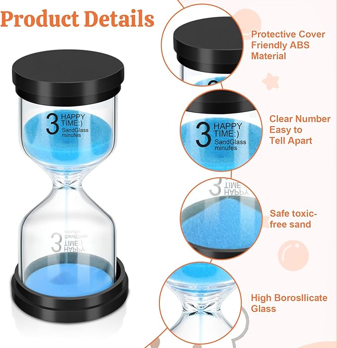 Sand Timer Set, 6 Colors Hourglass Sand Timers 1/3/5/10/15/30 Minutes Sandglass Timers Sand Clock Timer for Classroom Games Home Office Decor Cooking with Protective Cover, 6 Pack