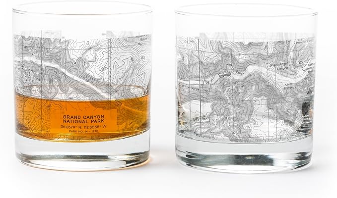 Black Lantern Whiskey Glasses - National Park Topographic Map Old Fashioned Glasses - 11oz. Rock Glass Set of 2 - Cocktail & Everyday Use Drinking Glasses - Dishwasher Safe (Grand Canyon)