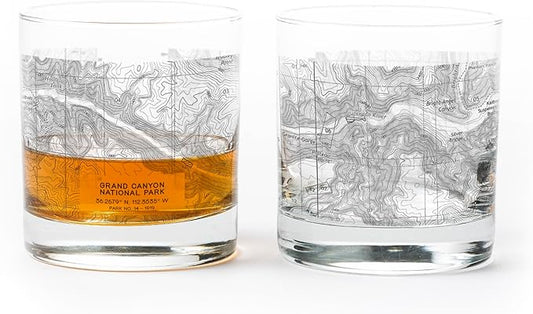 Black Lantern Whiskey Glasses - National Park Topographic Map Old Fashioned Glasses - 11oz. Rock Glass Set of 2 - Cocktail & Everyday Use Drinking Glasses - Dishwasher Safe (Grand Canyon)