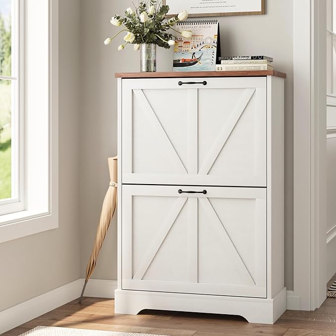 Shoe Cabinet, Shoe Storage Cabinet for Entryway with 2 Flip Drawers, Narrow Farmhouse Shoe Organizer Cabinet, Slim Shoe Rack Cabinet, White