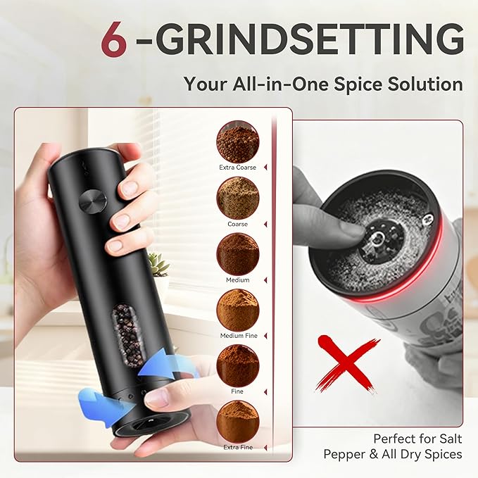 Electric Salt and Pepper Grinder Set with Rechargeable Base, Refillable Pepper Mill Set with LED Light & Adjustable Coarseness, Ideal for Kitchen, Outdoor, BBQ & Gift Giving
