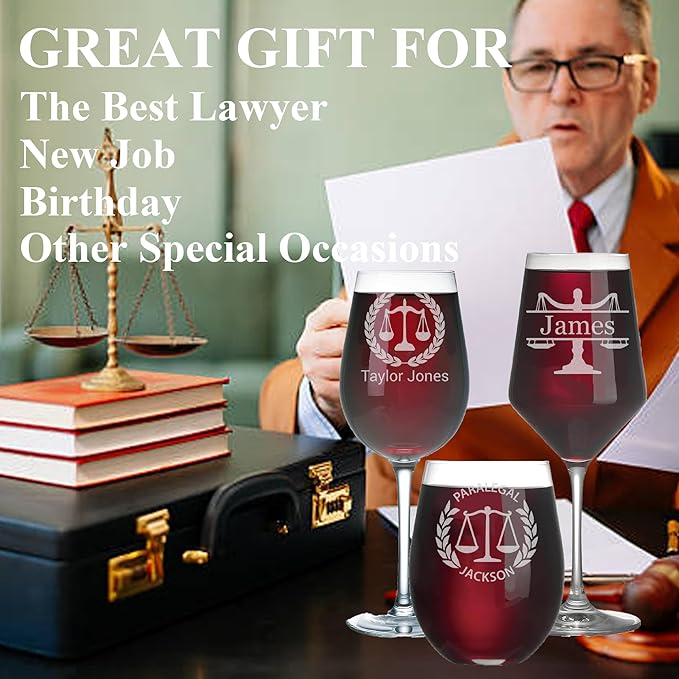Personalized Lawyer Gifts for Women, Custom Wine Glass, Pass the Bar Exam Gifts for Female Lawyers, Office Present for Attorney, JD, Future Lawyer, Law School Graduation Gift for Women