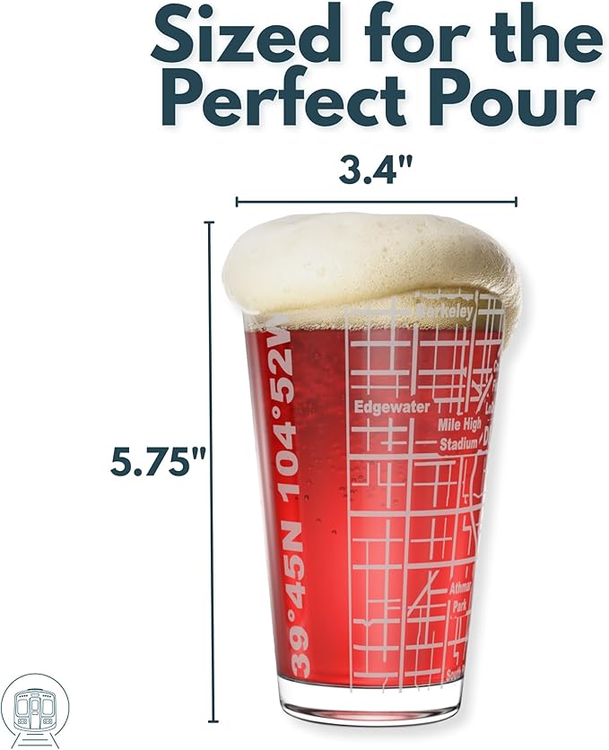 Greenline Goods – Denver, CO Map Pint Beer Glasses (Set of 2), 16 oz – Etched Wrap Design