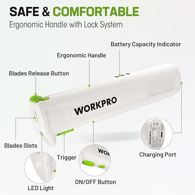 WORKPRO Electric Knife for Meat Slicing, Cordless Electric Carving Knife for Turkey, Fish & Bread, Two Stainless Steel Blades, Ergonomic Handle, Storage Case & Serving Fork Included, White
