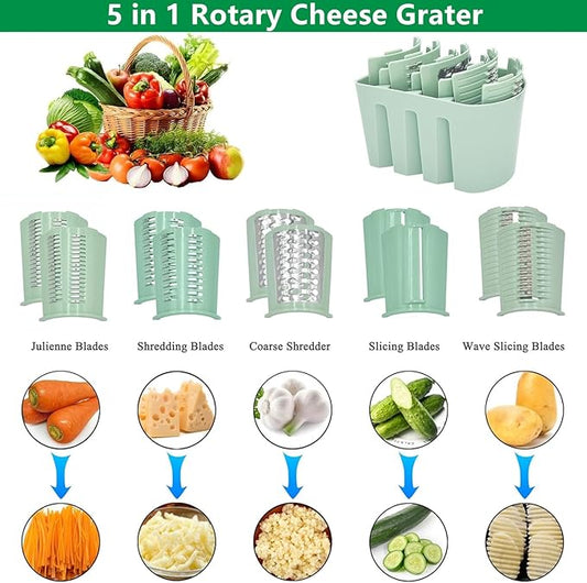 5 in 1 Rotary Grater, Kitchen Artifact 5 in 1 Food Chopper, AYUBOC 5 in 1 Gourmet Cheese Grater, 5 in 1 Cheese Grater, 5 in 1 Hand Crank Food Chopper-Green|5 Group Blades