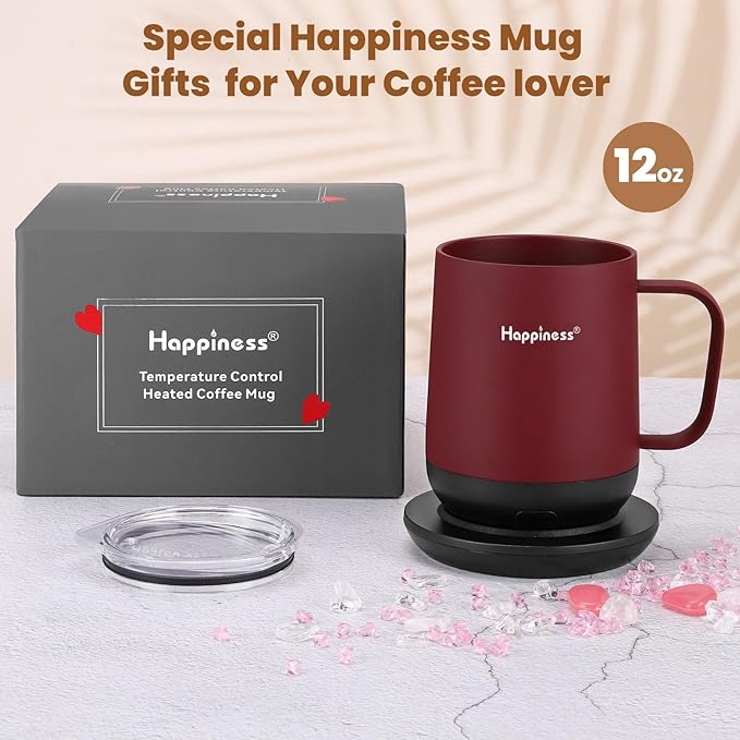 Happiness Smart Heated Coffee Mug,12oz Rechargeable Electric Self Heating Temperature Control Coffee Cup