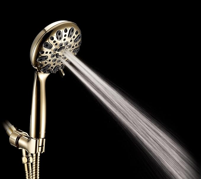Handheld Shower Head, 6 Spray Setting High Pressure Shower Head with Brass Swivel Ball Bracket and Extra Long Stainless Steel Hose, Polished Brass, 5"